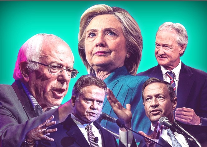 Democratic Presidential candidates Hillary Clinton, Bernie Sanders, Jim Webb, Lincoln Chafee, and Martin O'Malley.